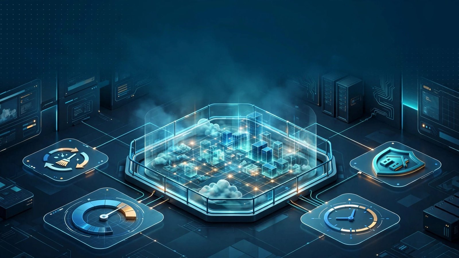 Glowing sandbox cloud environment enclosed by digital guardrails and connected dashboards.