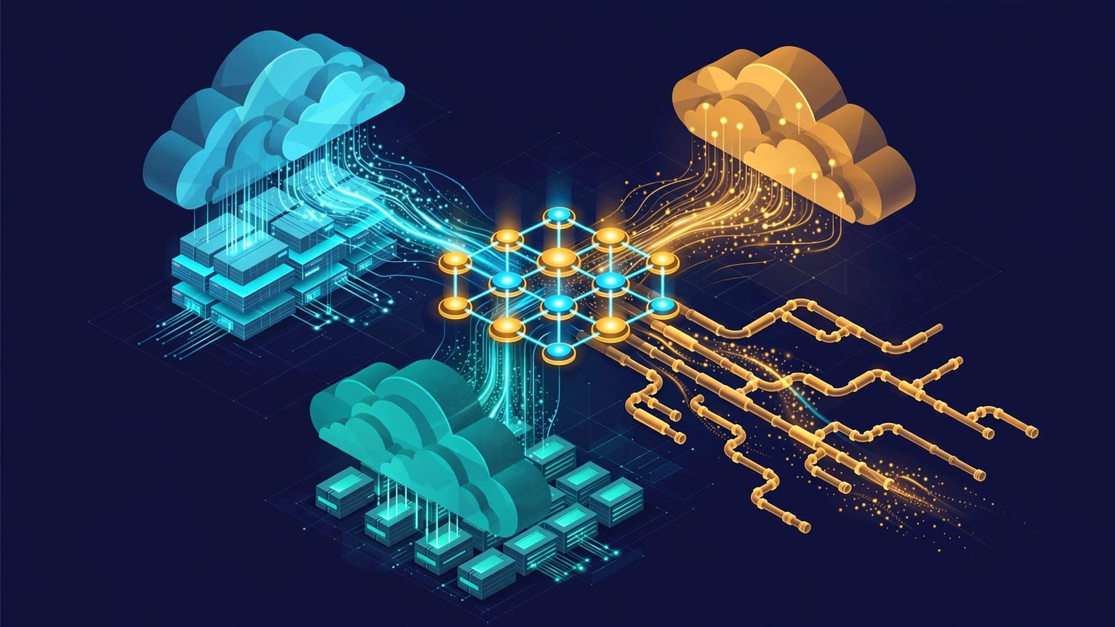 Connected data nodes route glowing streams through storage layers and three cloud environments.