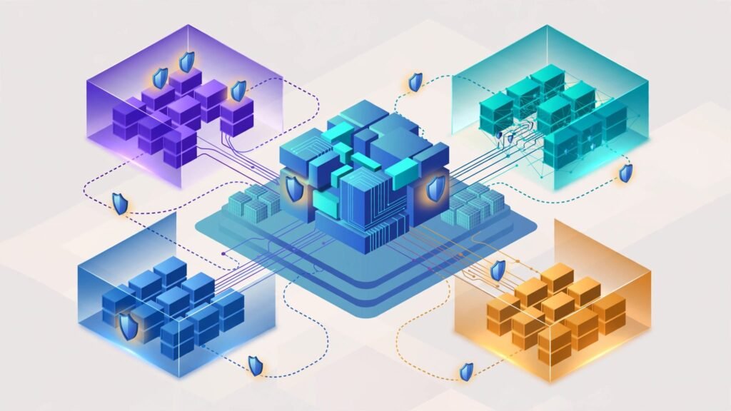 Isometric Kubernetes cluster with separated tenant environments, shields, network links, and resource containers.