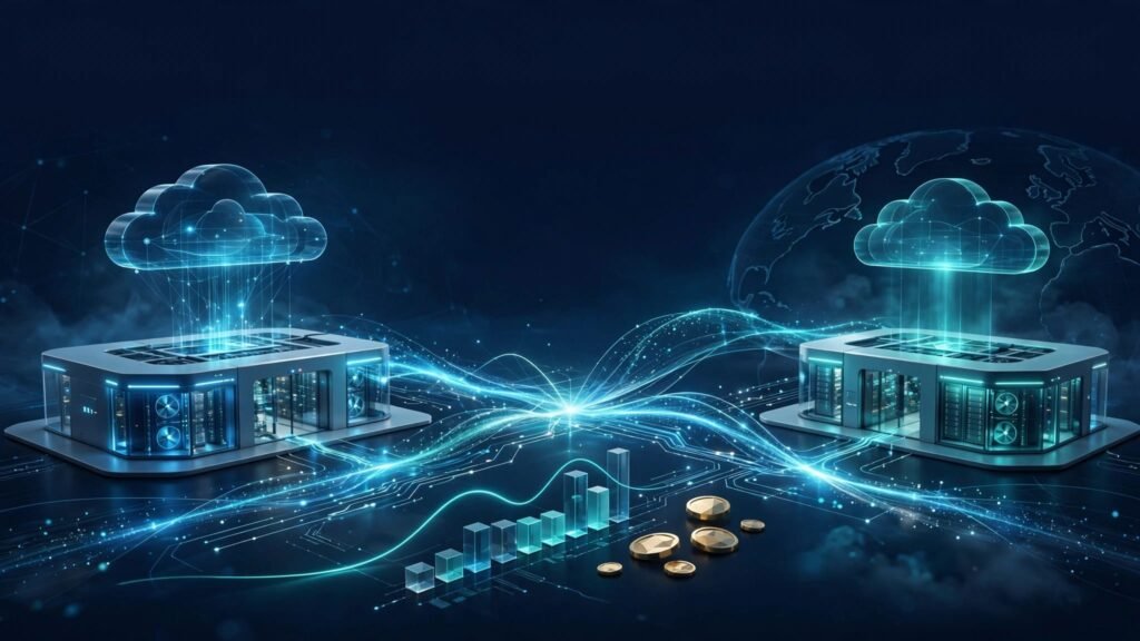 Two glowing data centers connected by blue pathways with cloud data and financial symbols.