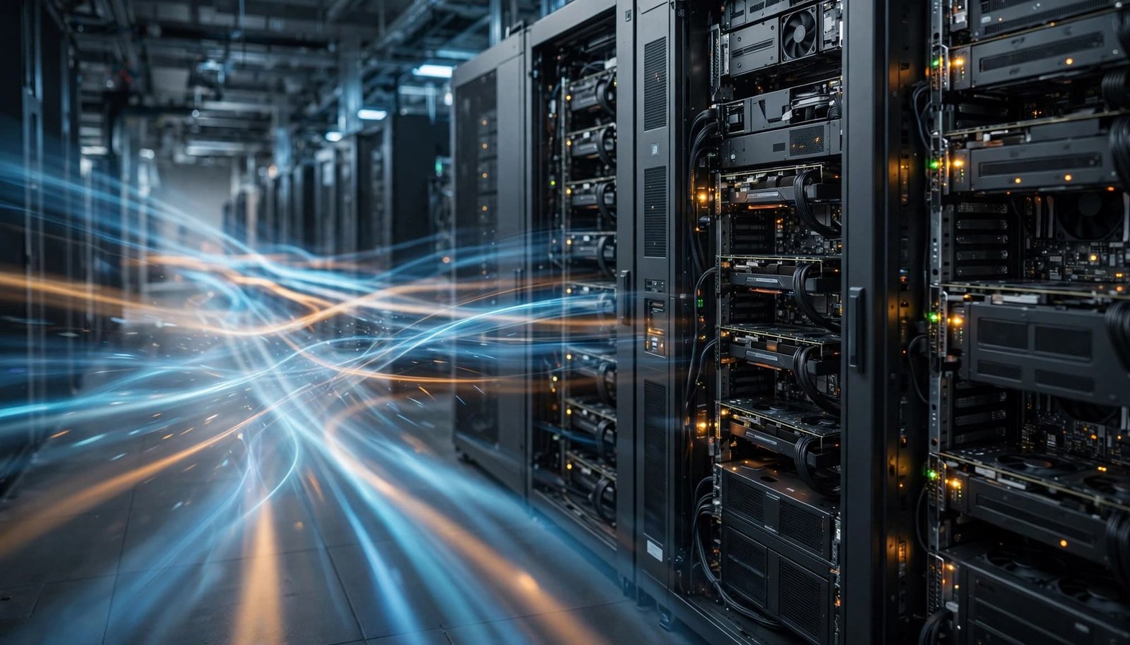 AI Inference Capacity Planning for Enterprise Platform Teams 1 Server racks stand beside subtle light trails in a modern data center.