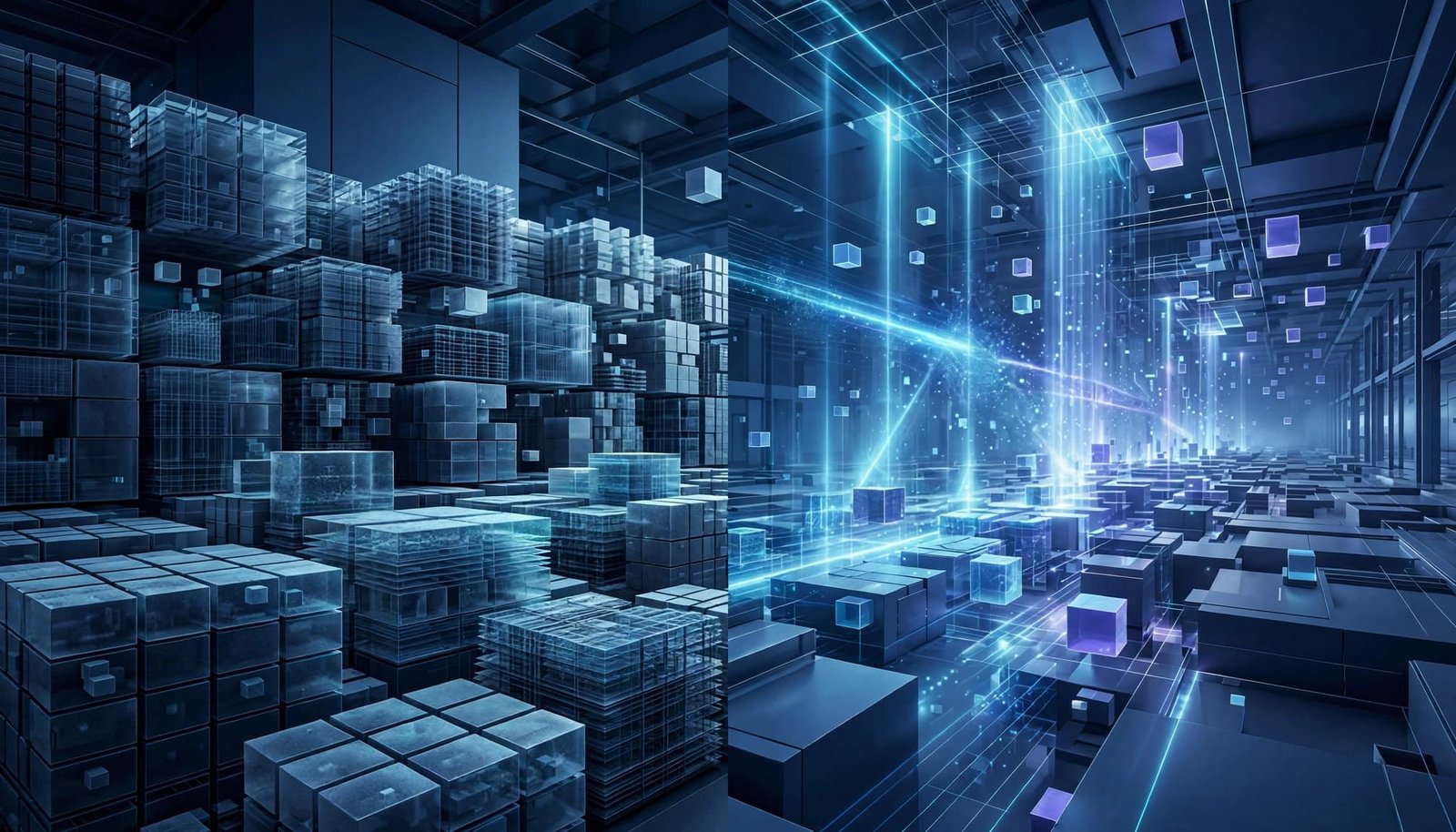 BigQuery Pricing for High-Volume Teams in 2026 2 Glass data blocks sit before glowing beams in a dark blue abstract warehouse.
