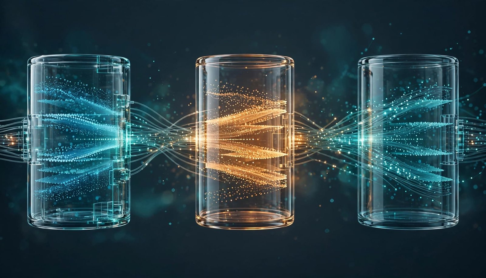 Cloud Region Failover: A Safe Game-Day Blueprint 2 Three glass reservoirs exchange glowing data particles, with one lit amber.